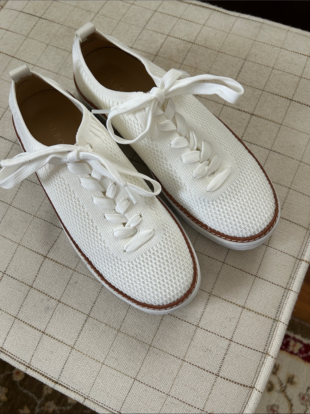 Talbots White Knit Lace-Up Sneakers With Brown Trim/New Without Box